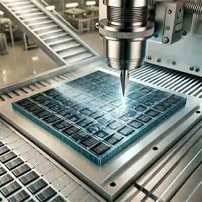 silicon wafer being diced into chips with visible patterns on it.